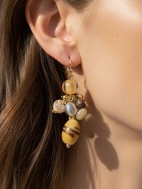 Boho Maximalist Mixed Media Bead Cluster Earrings in Honey Tones.